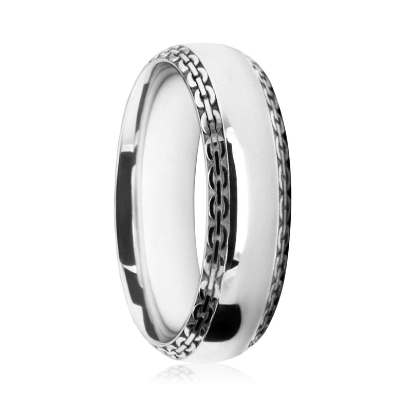 Mens 9ct White Gold Court Shape Wedding Ring With Chain Patterned Edges