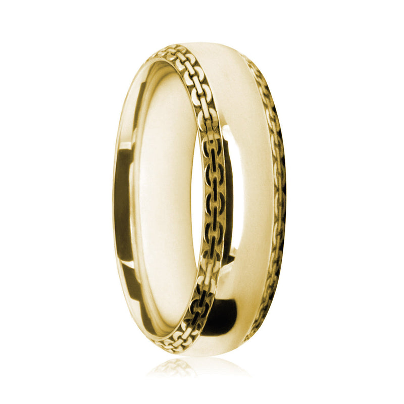Mens 9ct Yellow Gold Court Shape Wedding Ring With Chain Patterned Edges