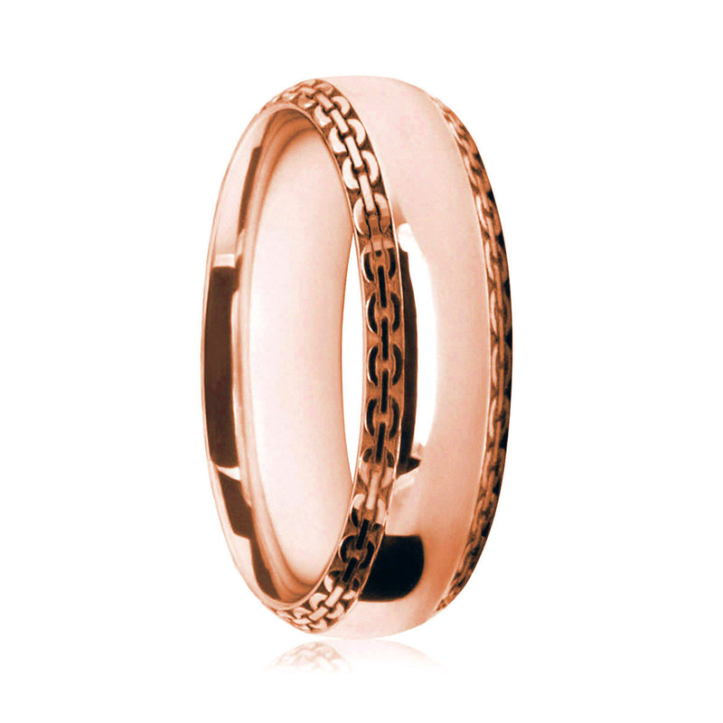 Mens 18ct Rose Gold Court Shape Wedding Ring With Chain Patterned Edges