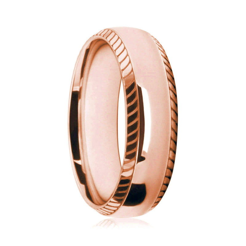 Mens 18ct Rose Gold Court Shape Wedding Ring With Feathered Edges