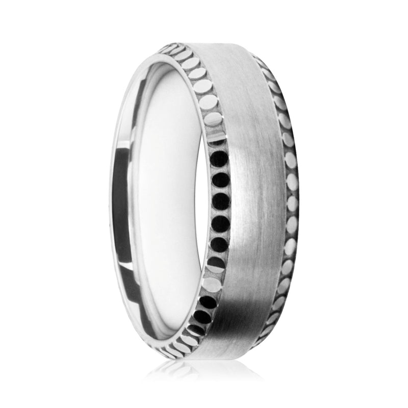 Mens 18ct White Gold Court Shape Wedding Ring With Pebble Patterned Edges