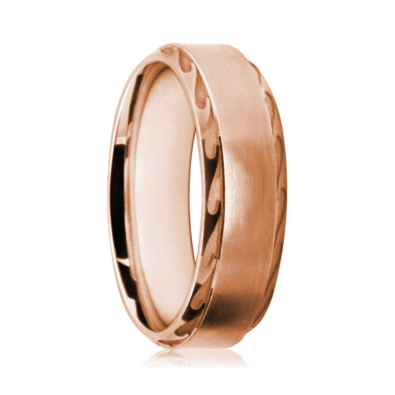 Mens 9ct Rose Gold Court Shape Wedding Ring With Wave Patterned Edges