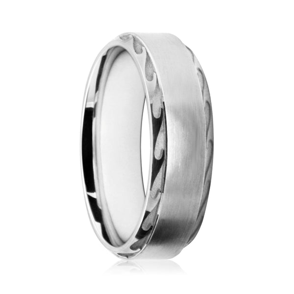 Mens 18ct White Gold Court Shape Wedding Ring With Wave Patterned Edges