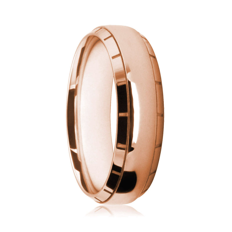 Mens 9ct Rose Gold Court Shape Ring With Block-Work Patterned Edges