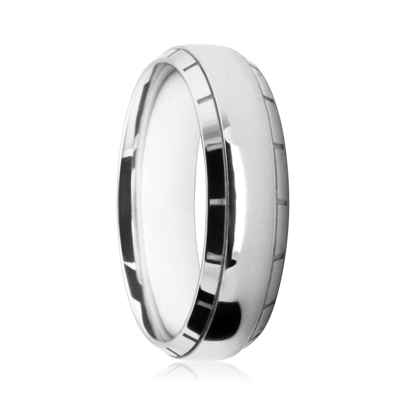 Mens 9ct White Gold Court Shape Ring With Block-Work Patterned Edges