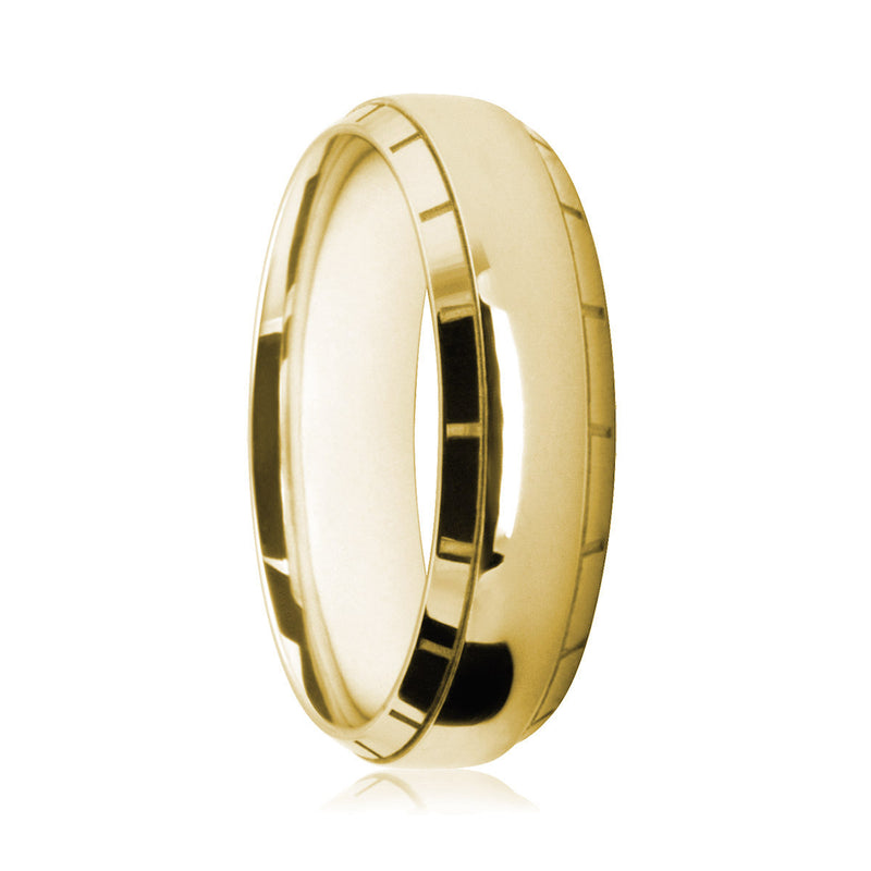 Mens 9ct Yellow Gold Court Shape Ring With Block-Work Patterned Edges
