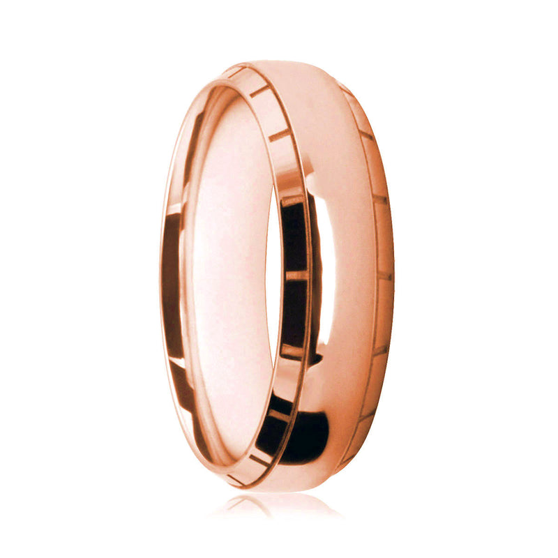 Mens 18ct Rose Gold Court Shape Wedding Ring With Block-Work Patterned Edges