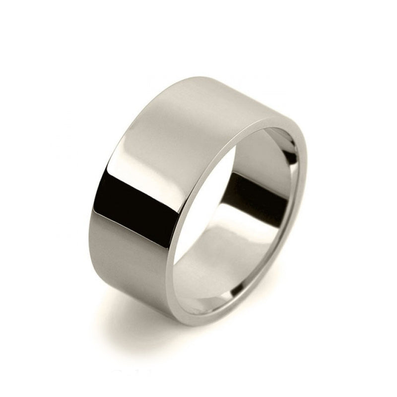 Mens 10mm 9ct White Gold Flat Shape Medium Weight Wedding Ring