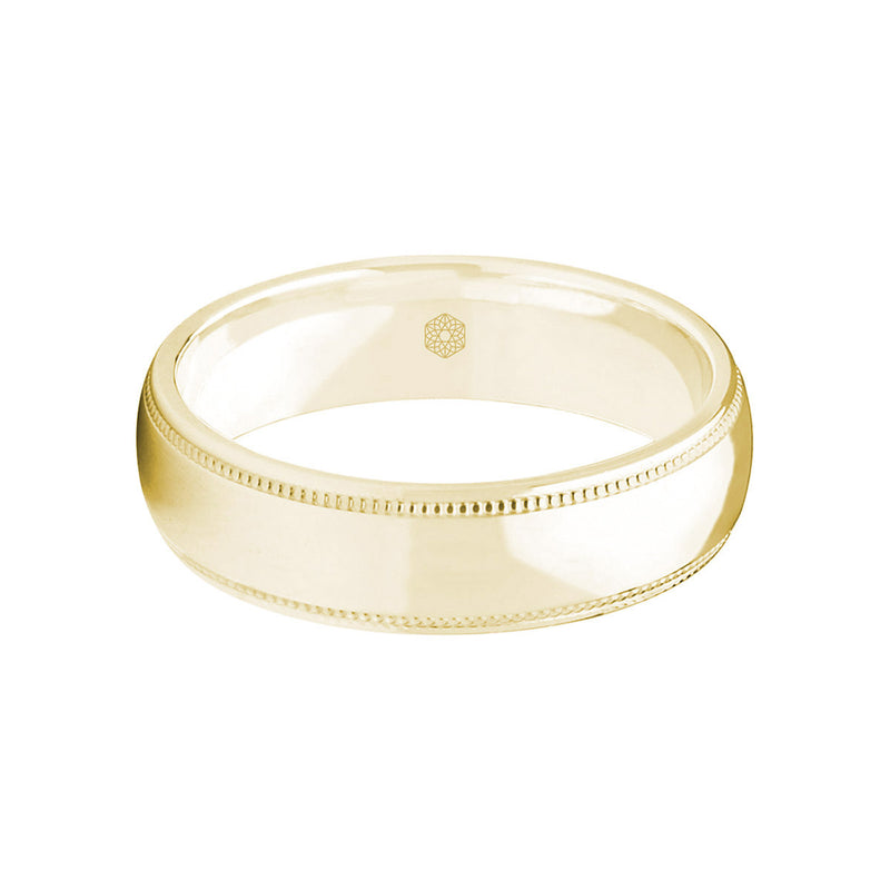 Horizontal Shot of Mens Polished 9ct Yellow Gold Court Shape Wedding Ring With Millgrain Edges
