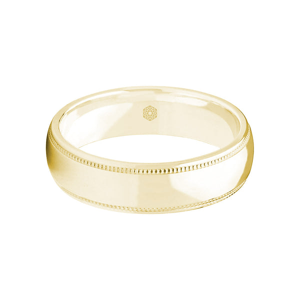 Horizontal Shot of Mens Polished 18ct Rose Gold Court Shape Wedding Ring With Millgrain Edges