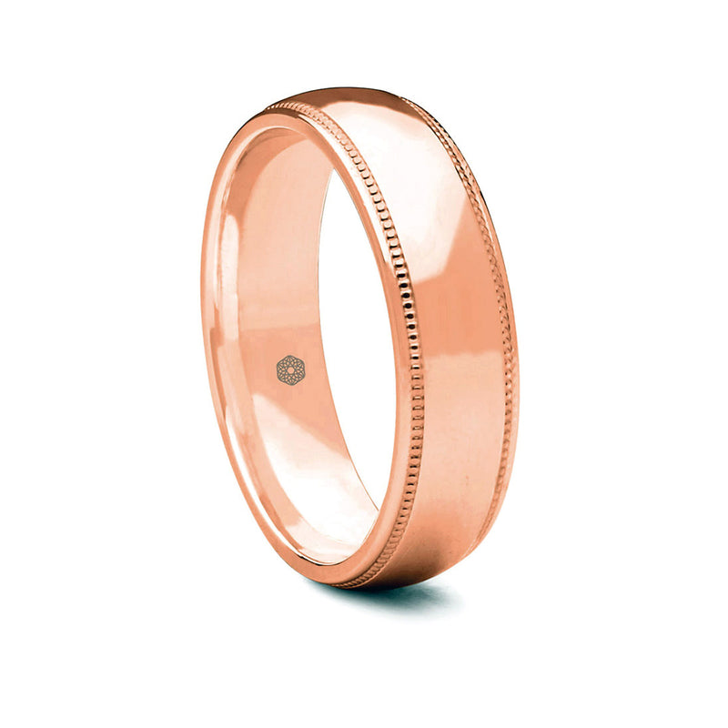 Mens Polished 18ct Rose Gold Court Shape Wedding Ring With Millgrain Edges