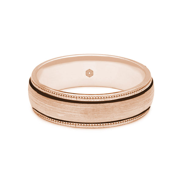 Horizontal Shot of Mens Satin Finish 9ct Rose Gold Court Shape Wedding Ring With Millgrain Edges