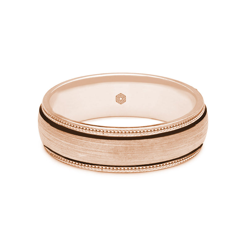 Horizontal Shot of Mens Satin Finish 9ct Rose Gold Court Shape Wedding Ring With Millgrain Edges