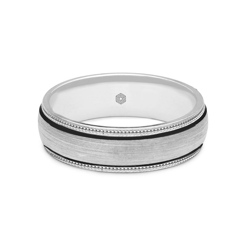 Horizontal Shot of Mens Satin Finish 9ct White Gold Court Shape Wedding Ring With Millgrain Edges