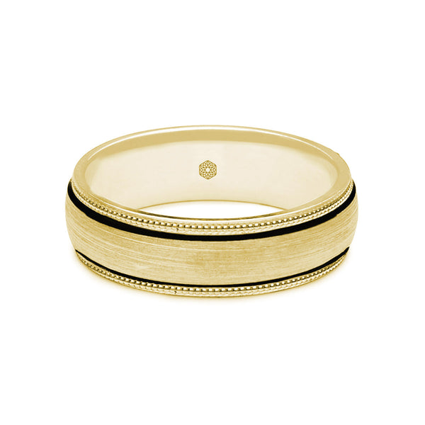 Horizontal Shot of Mens Satin Finish 9ct Yellow Gold Court Shape Wedding Ring With Millgrain Edges