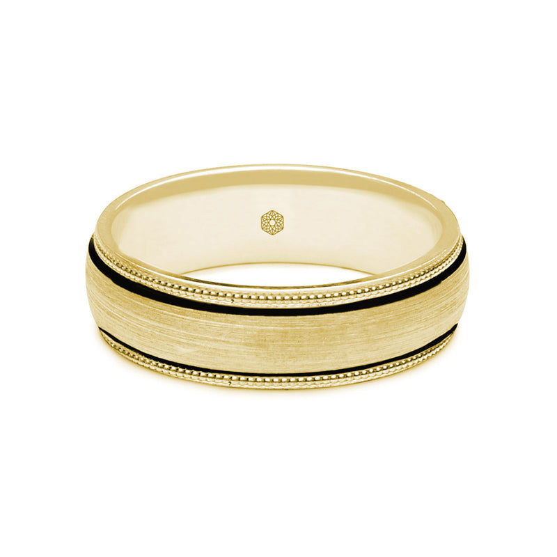 Horizontal Shot of Mens Satin Finish 9ct Yellow Gold Court Shape Wedding Ring With Millgrain Edges