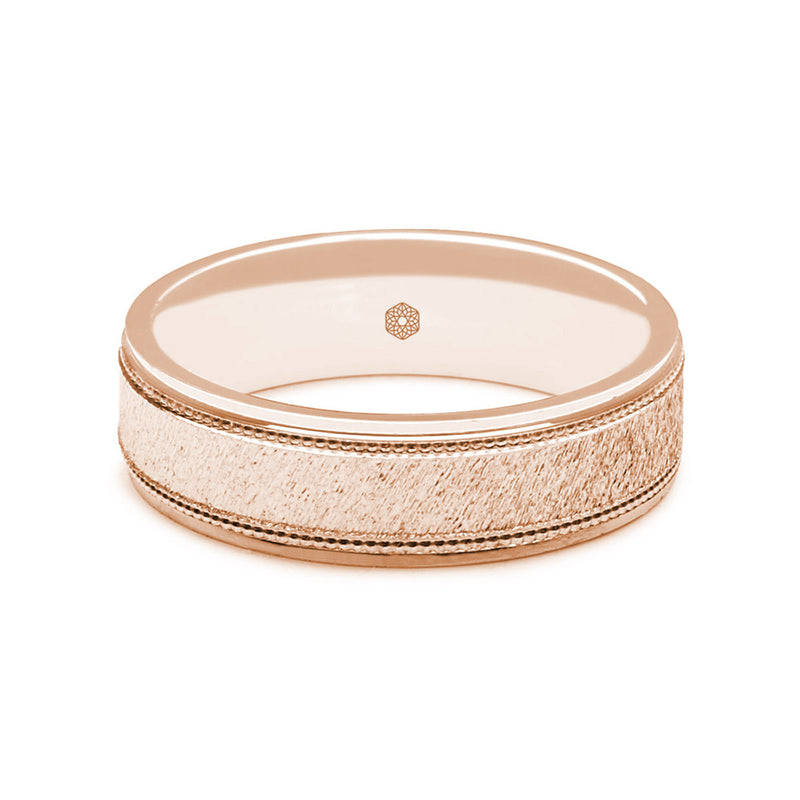 Horizontal Shot of Mens Textured 9ct Rose Gold Court Shape Ring Wedding With Millgrain Edges