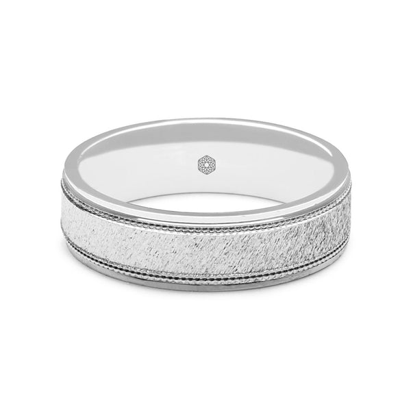 Horizontal Shot of Mens Textured 9ct White Gold Court Shape Ring Wedding With Millgrain Edges