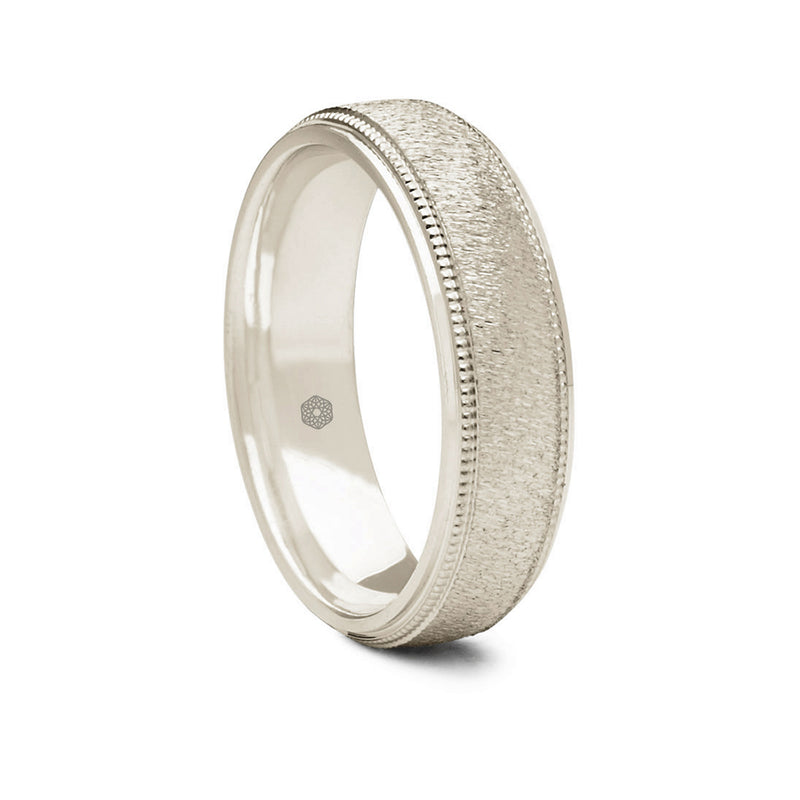 Mens Textured 18ct White Gold Court Shape Ring Wedding With Millgrain Edges