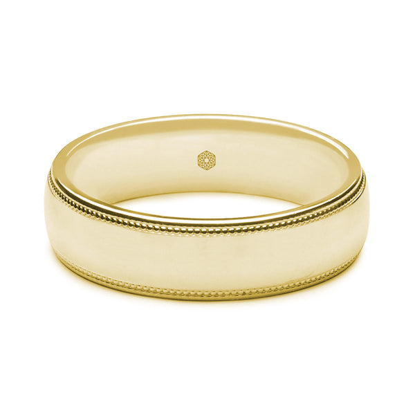 Horizontal Shot of Mens Polished 9ct Yellow Gold Court Shape Wedding Ring With Polished and Textured Detailing