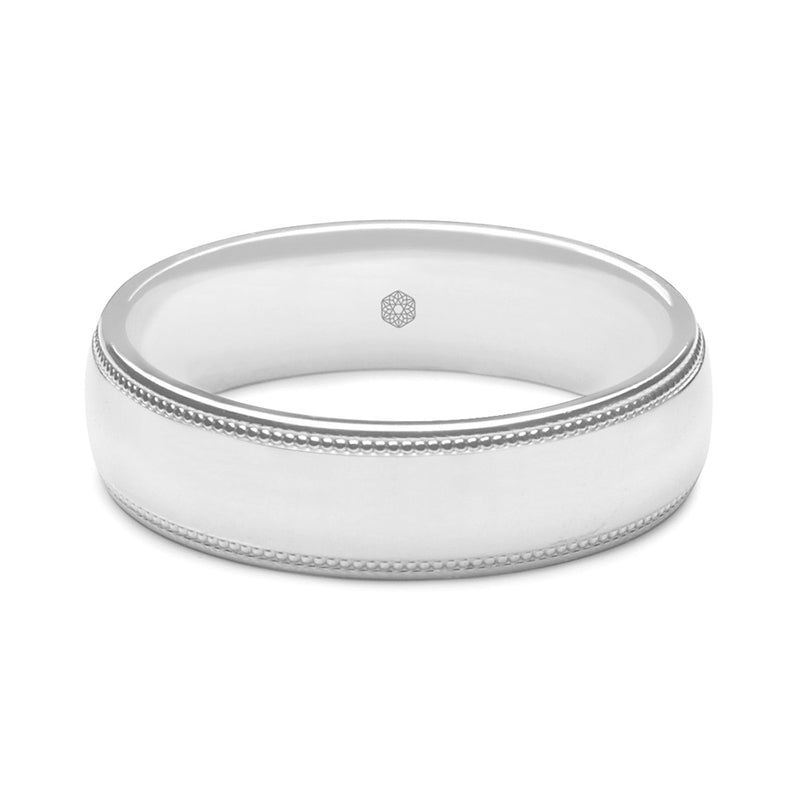 Horizontal Shot of Mens Polished Platinum 950 Court Shape Wedding Ring With Polished and Textured Detailing