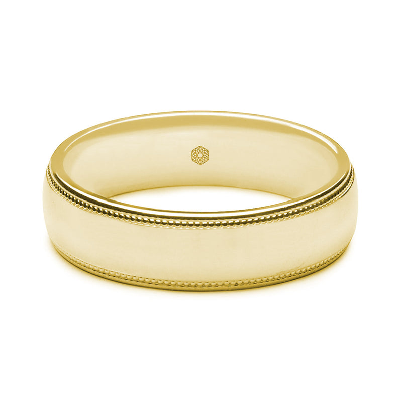 Horizontal Shot of Mens Polished 18ct Rose Gold Court Shape Wedding Ring With Polished and Textured Detailing