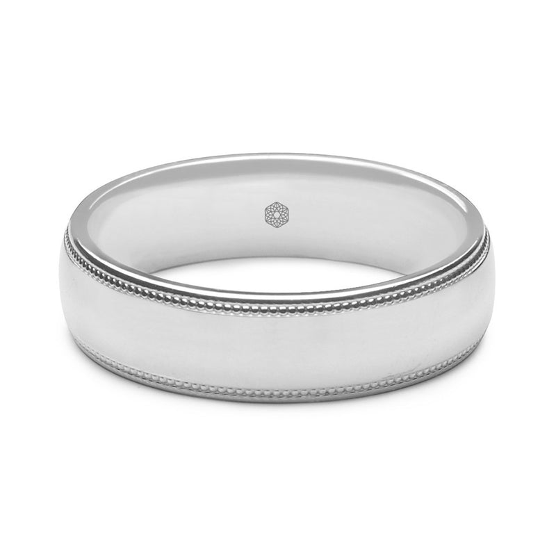 Horizontal Shot of Mens Polished 18ct White Gold Court Shape Wedding Ring With Polished and Textured Detailing