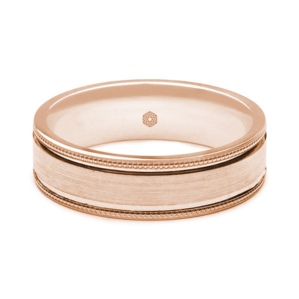 Horizontal Shot of Mens Matte Finish 9ct Rose Gold Flat Court Shape Wedding Ring with Millgrain Edges