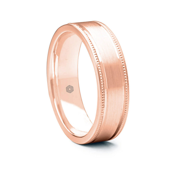 Mens Matte Finish 9ct Rose Gold Flat Court Shape Wedding Ring with Millgrain Edges