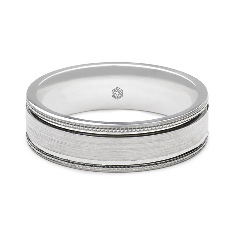 Horizontal Shot of Mens Matte Finish 9ct White Gold Flat Court Shape Wedding Ring with Millgrain Edges