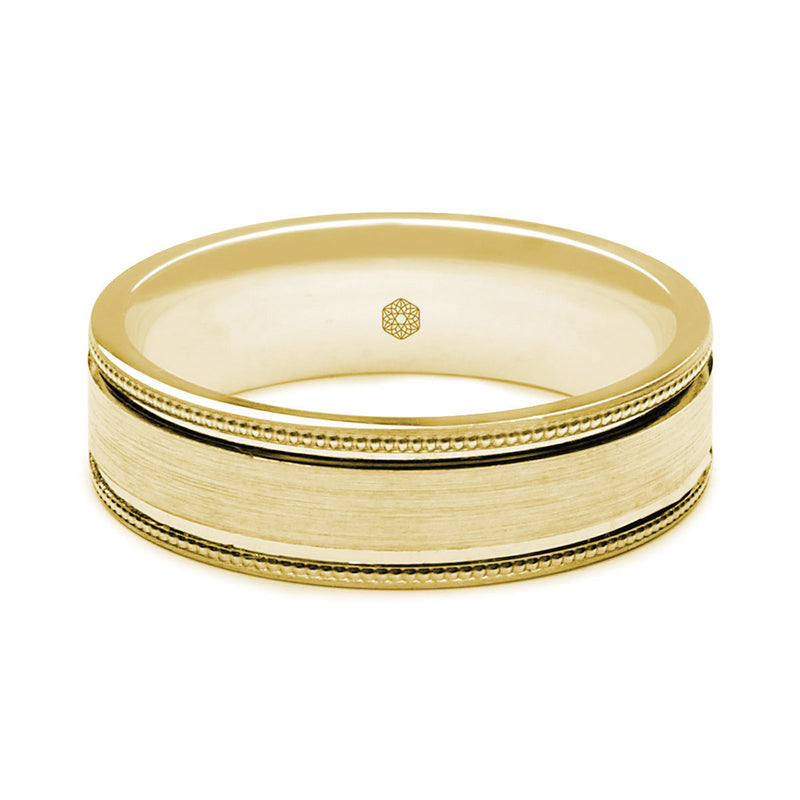Horizontal Shot of Mens Matte Finish 9ct Yellow Gold Flat Court Shape Wedding Ring with Millgrain Edges