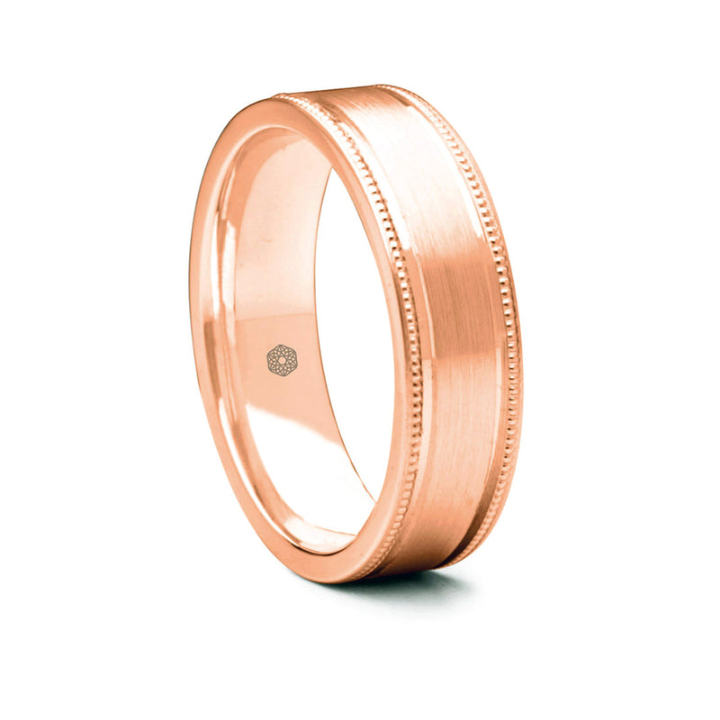 Mens Matte Finish 18ct Rose Gold Flat Court Shape Wedding Ring with Millgrain Edges