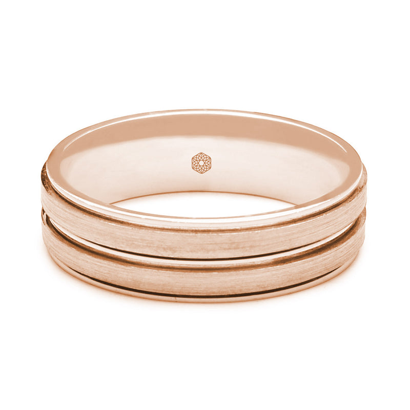 Horizontal Shot of Mens Matte Finish 9ct Rose Gold Flat Court Shape Wedding Ring With Centre and Outer Grooves