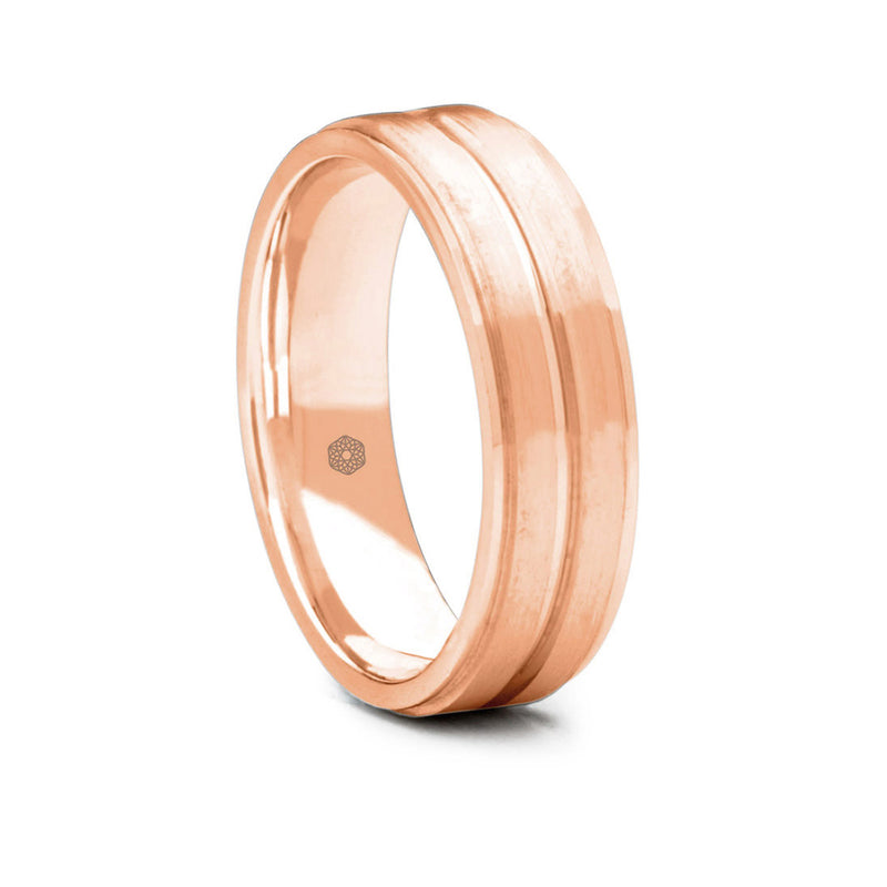 Mens Matte Finish 9ct Rose Gold Flat Court Shape Wedding Ring With Centre and Outer Grooves
