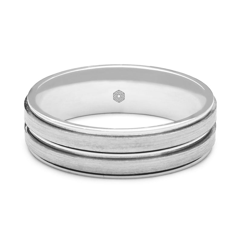Horizontal Shot of Mens Matte Finish 9ct White Gold Flat Court Shape Wedding Ring With Centre and Outer Grooves