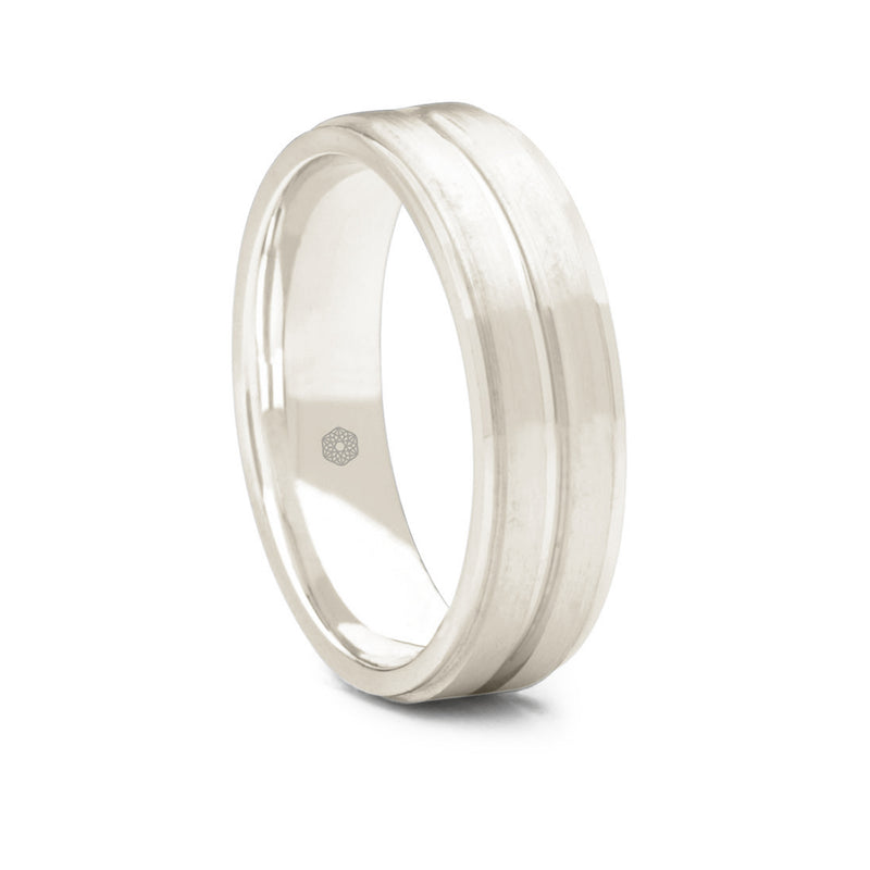 Mens Matte Finish 9ct White Gold Flat Court Shape Wedding Ring With Centre and Outer Grooves