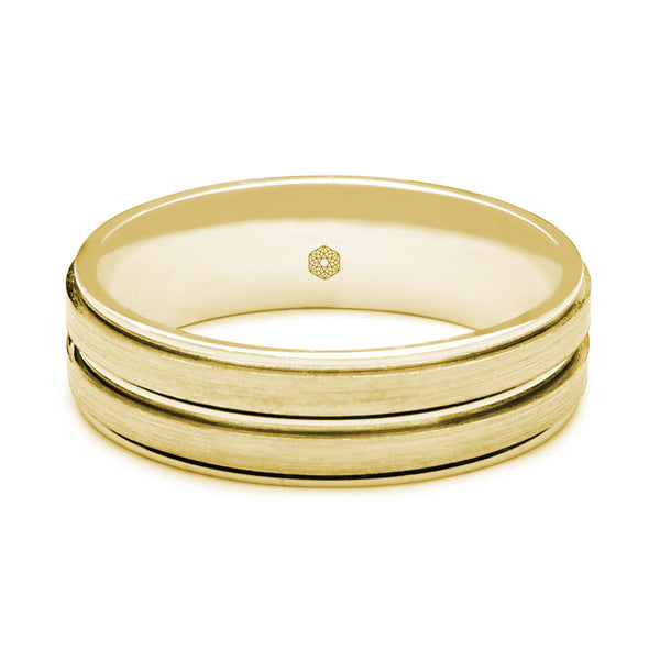 Horizontal Shot of Mens Matte Finish 9ct Yellow Gold Flat Court Shape Wedding Ring With Centre and Outer Grooves 