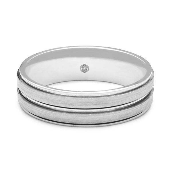 Horizontal Shot of Mens Matte Finish Palladium 500 Flat Court Shape Wedding Ring With Centre and Outer Grooves