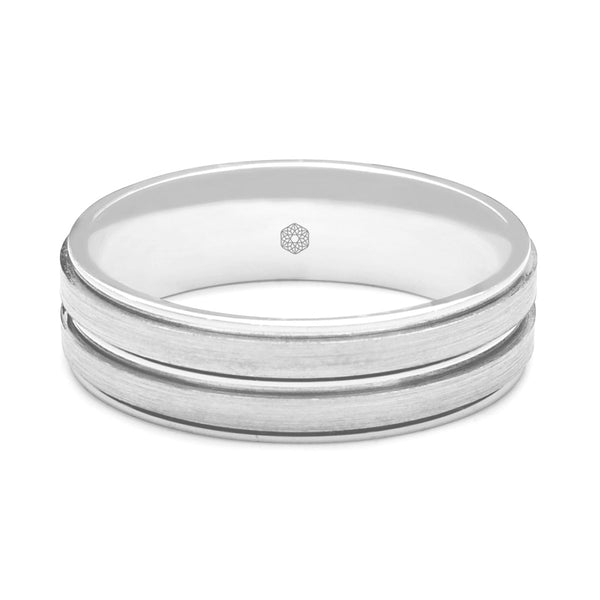 Horizontal Shot of Mens Matte Finish Platinum 950 Flat Court Shape Wedding Ring With Centre and Outer Grooves 