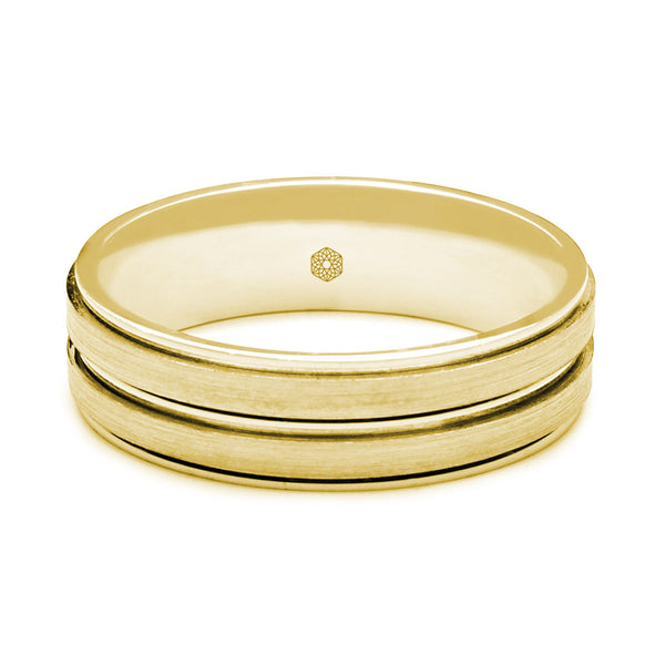 Horizontal Shot of Mens Matte Finish 18ct Rose Gold Flat Court Shape Wedding Ring With Centre and Outer Grooves