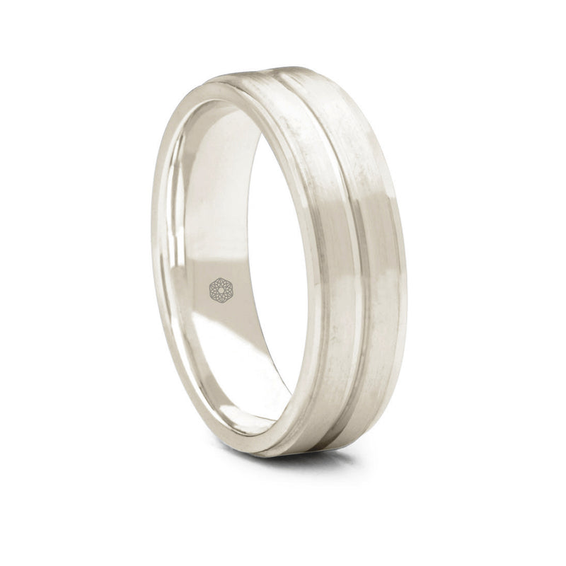 Mens Matte Finish 18ct White Gold Flat Court Shape Wedding Ring With Centre and Outer Grooves