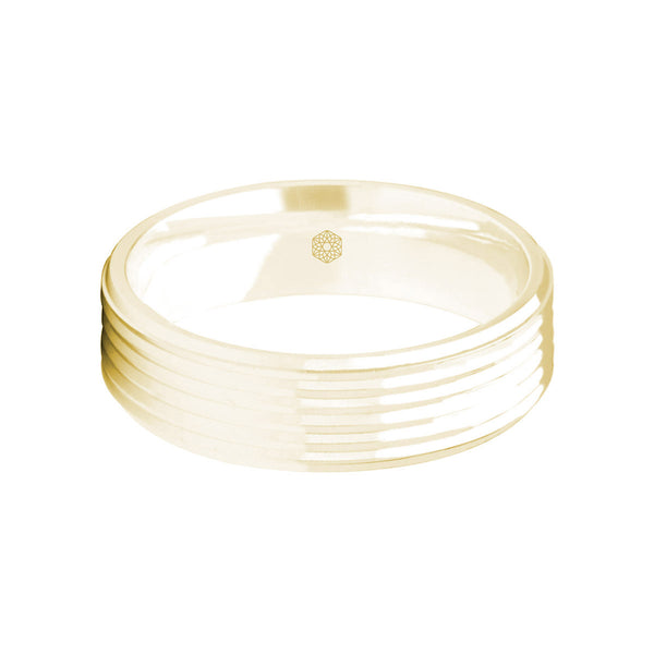 Horizontal Shot of Mens Polished 9ct Yellow Gold Flat Court Shape Wedding Ring With Chamfered Edges and Grooved Profile