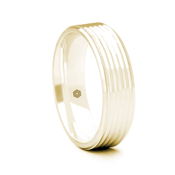 Mens Polished 9ct Yellow Gold Flat Court Shape Wedding Ring With Chamfered Edges and Grooved Profile