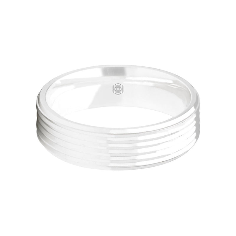 Horizontal Shot of Mens Polished Palladium 500 Flat Court Shape Wedding Ring With Chamfered Edges and Grooved Profile