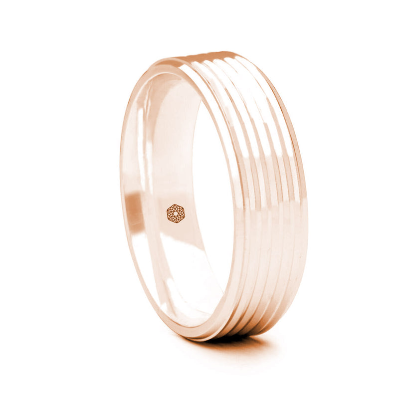Mens Polished 18ct Rose Gold Flat Court Shape Wedding Ring With Chamfered Edges and Grooved Profile