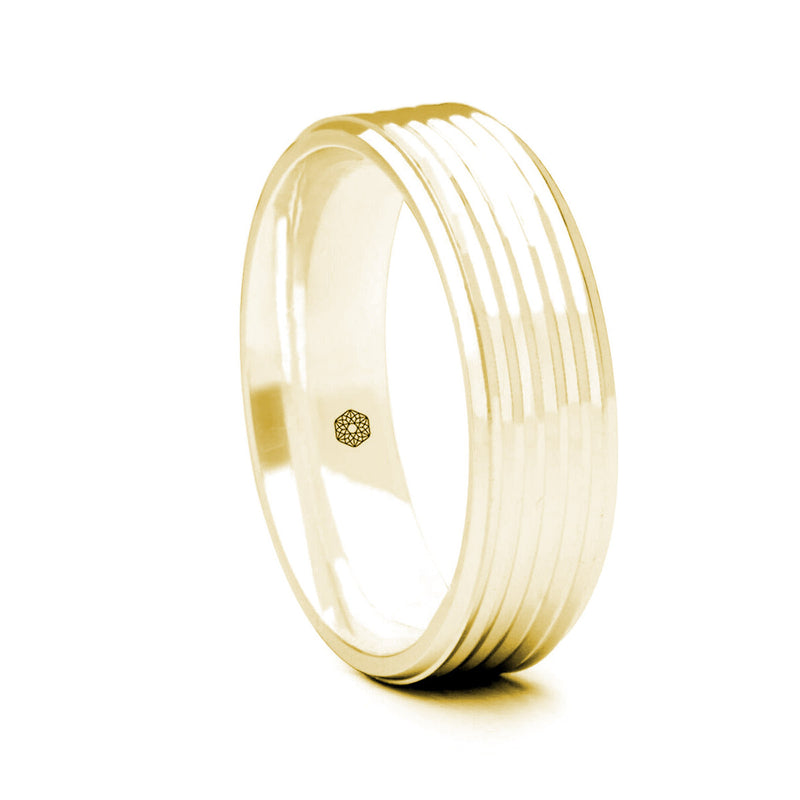 Mens Polished 18ct Yellow Gold Flat Court Shape Wedding Ring With Chamfered Edges and Grooved Profile