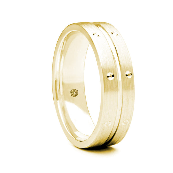 Mens Matte Finish 18ct Yellow Gold Flat Court Shape Wedding Ring With Central Groove and Diamond Cut Accents