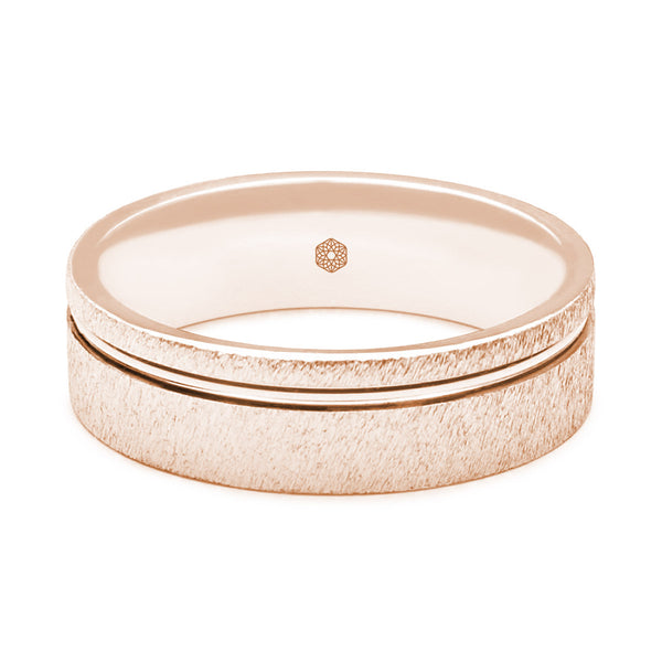 Horizontal Shot of Mens Textured 9ct Rose Gold Flat Court Shape Wedding Ring With Off-Set Groove