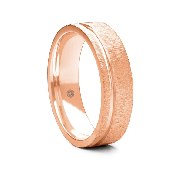 Mens Textured 9ct Rose Gold Flat Court Shape Wedding Ring With Off-Set Groove