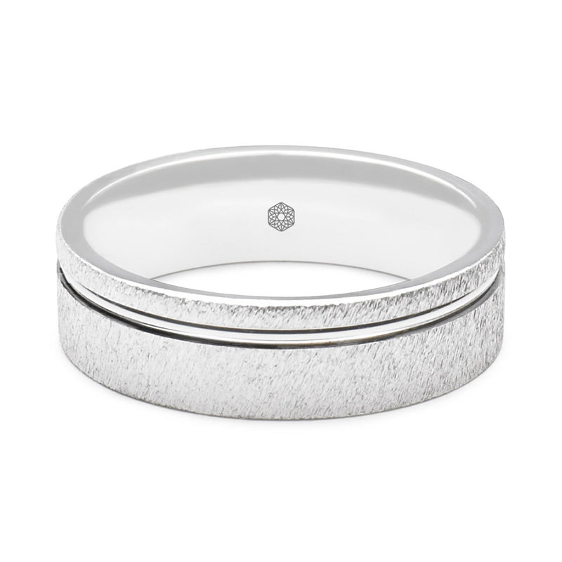 Horizontal Shot of Mens Textured 9ct White Gold Flat Court Shape Wedding Ring With Off-Set Groove
